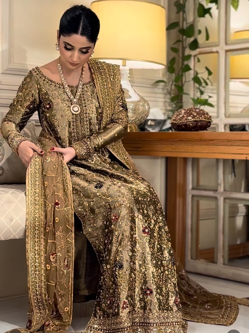 Haris Shakeel Olive-Gold Formal Pakistani Shilwar Kameese Suit with Dupatta
